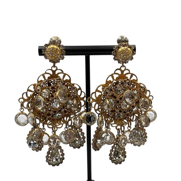 Kenneth Jay Lane 1960’s Signed Filigree Crystal Chandelier Clip Runway Earrings - Picture 4 of 10